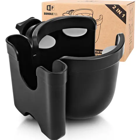 BUNDLEPRO Multi-Functional Silicone-Plastic 2-in-1 Universal Stroller Cup Holder Tray - Baby Items with Non-Slip Mobile Phone Rack, 360-Rotation Bottle Holder, Fits Strollers/Bikes (Most Cups)