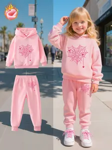 Girls' Fleece Lined Set, Long Sleeve Spider Web Heart Print Top & Casual Jogger Pants, Hooded Design, Perfect for Fall & Winter, Baby Girl Clothes