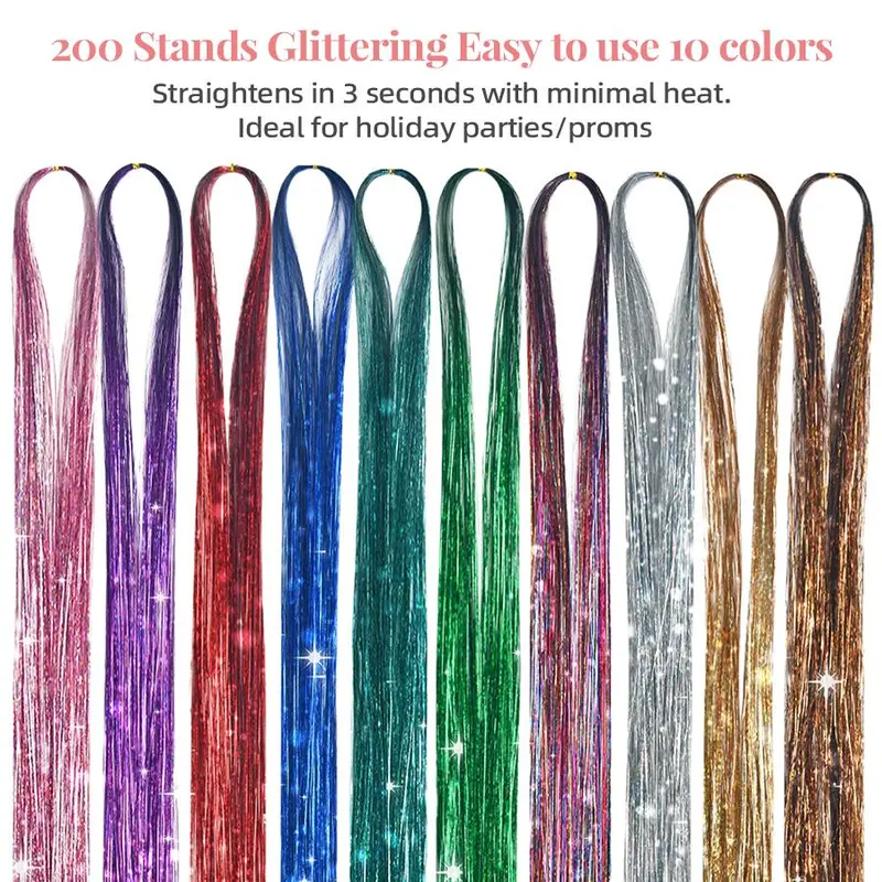 Vlasy Synthetic Fiber Hair Tinsel Extensions - 200 Strands, 1 or 6 Pack Clip Hair Extensions for Blinged Out Style, Mix & Match Fun, Parties/Events