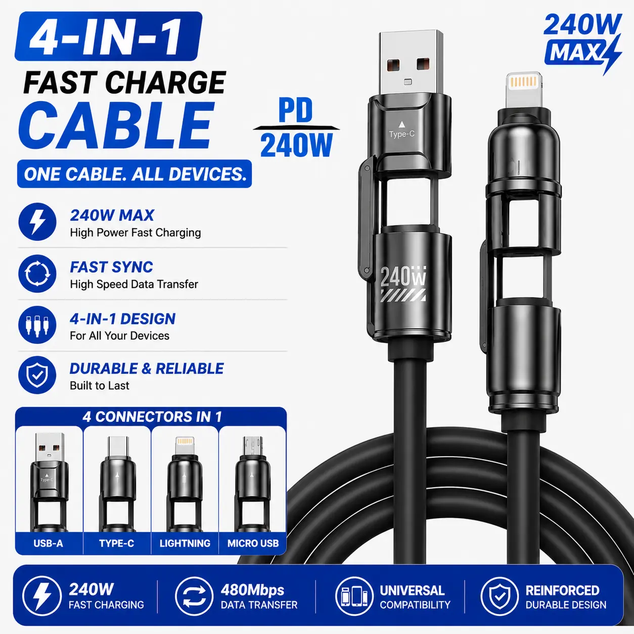 4-in-1 240W Fast Charging Cable USB to USB-C Lightning Multi Charging Cord Universal Charger Cable Fast Data Transfer Compatible with iPhone Android Samsung iPad Tablets Power Bank USB C Phone Charger Travel Charging Cable Durable Black
