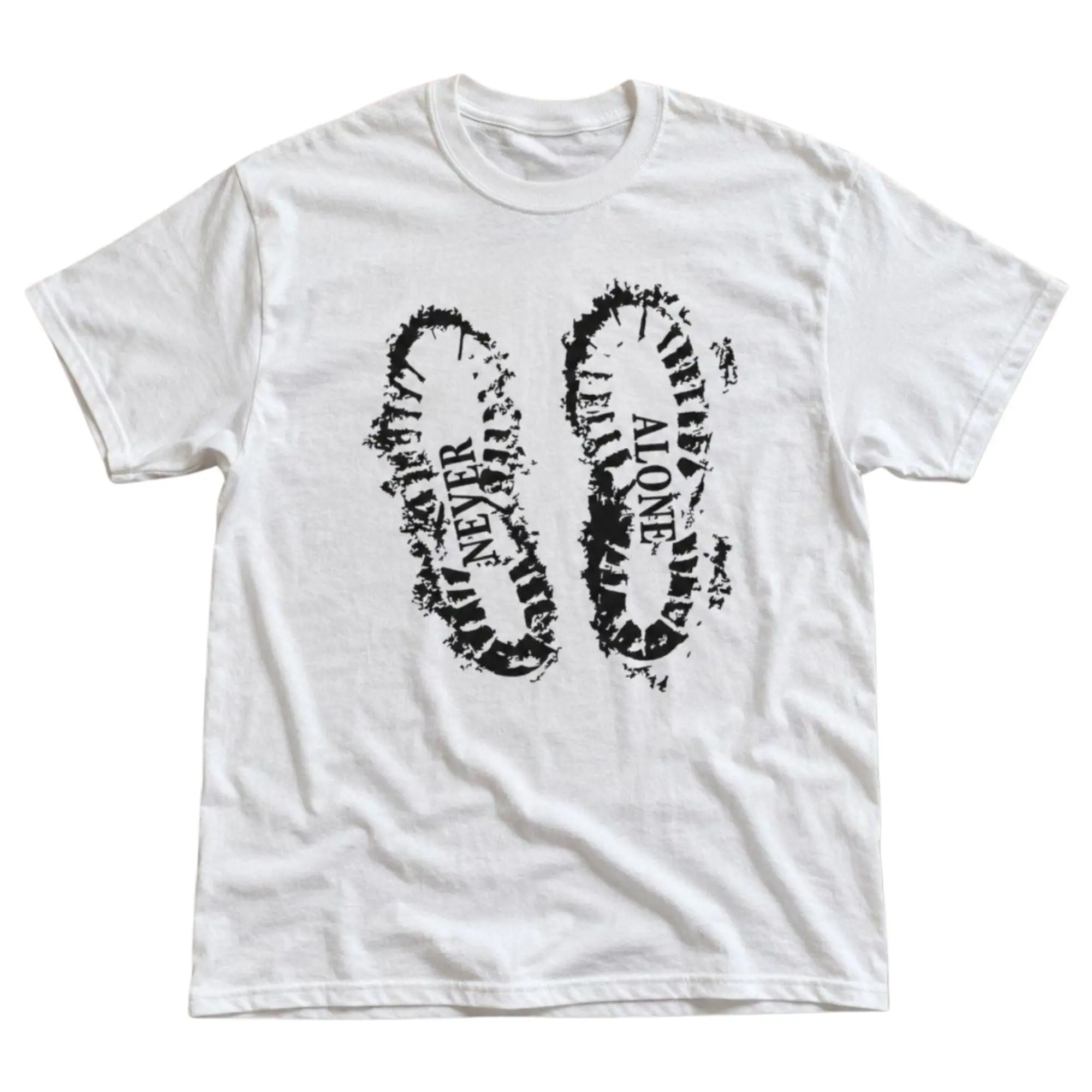 Never Alone Boot Prints Distressed Stencil Graphic T-Shirt, Retro Grunge Combat Boot Soles Slogan Typography Print, Alt Outfit, Unisex White Heavyweight Streetwear Tee Gift