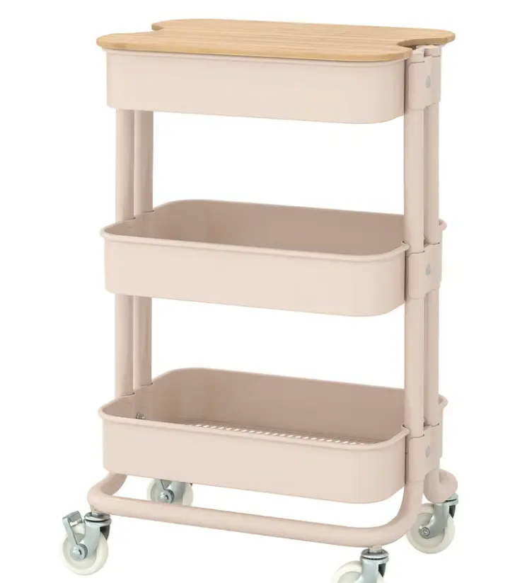 IKEA RÅSKOG / NORRÅVA Trolley with Lid, Pink, 11 x 15 x 24 1/4 Inch, 4-Tier Rolling Storage Cart with Cover, Space-Saving Utility Organizer with Wheels for Kitchen, Bathroom, Office & Home Storage