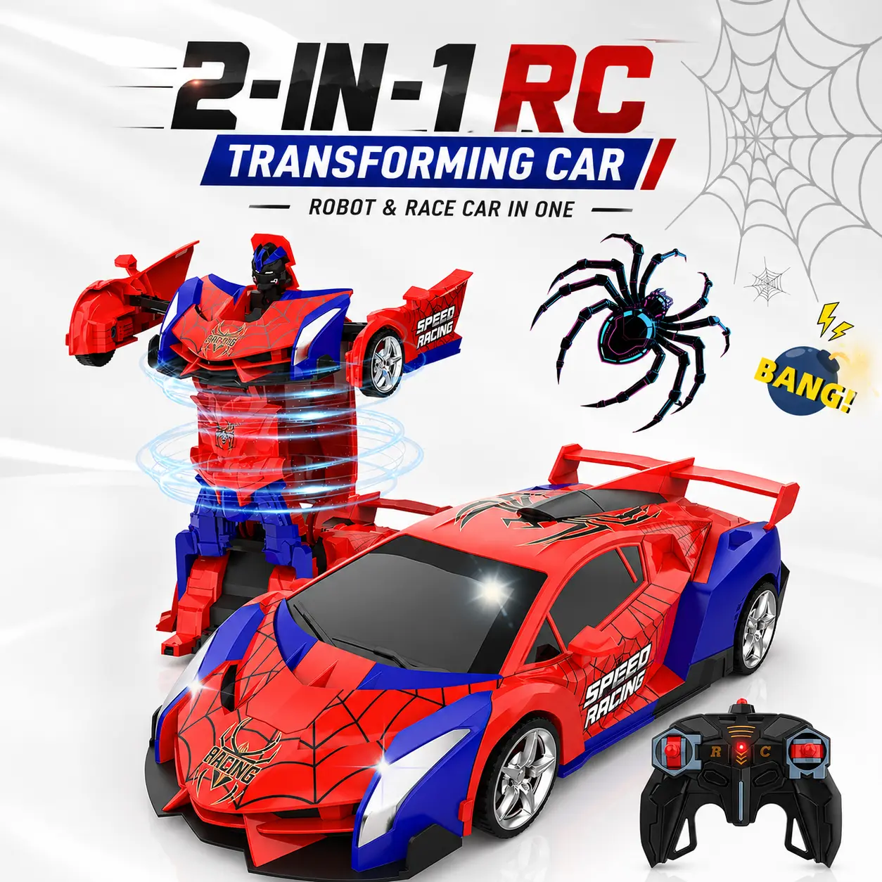2.4GHz RC Transforming Robot Car Toy for Boys, 1:18 Scale Remote Control Sports Car Converts into Robot Figure, 360° Rotation Battery Powered Vehicle Toy, 2-in-1 Gift for Kids Ages 3+
