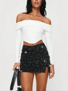 Women's Fashion Silver Color Sequins Ruched Side Slit Short Casual Bodycon Skirt Summer Clothing with Safety Pants Included