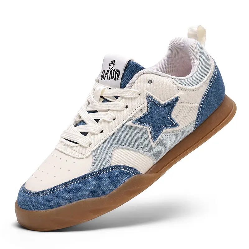 Q-AND Women’s Denim Star Low-Top Skateboarding Sneakers, Lace-Up Casual Shoes with Blue Patchwork Look, Soft Fabric Upper, Gum Sole, Lightweight Retro Fashion Walking Shoes for Daily Wear