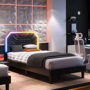 Twin Bed Frames with Lighted Headboard, Upholstered Modern Cama Twin Platform Bed with Heavy Duty Supports, No Box Spring Need, Noise Free, Easy Assembly, Black