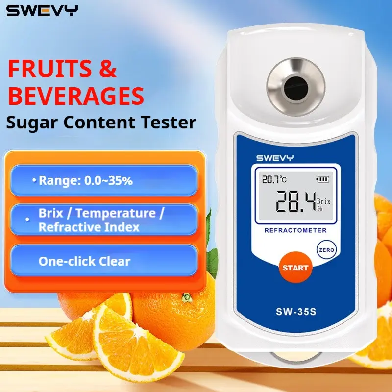 SWEVY SW-35S Portable Brix Refractometer, LCD Display 0-35% Brix Range, Smart Analysis Sugar Concentration Meter, Measures Sugar, Refraction, Temperature, Beverages, Detector Tool