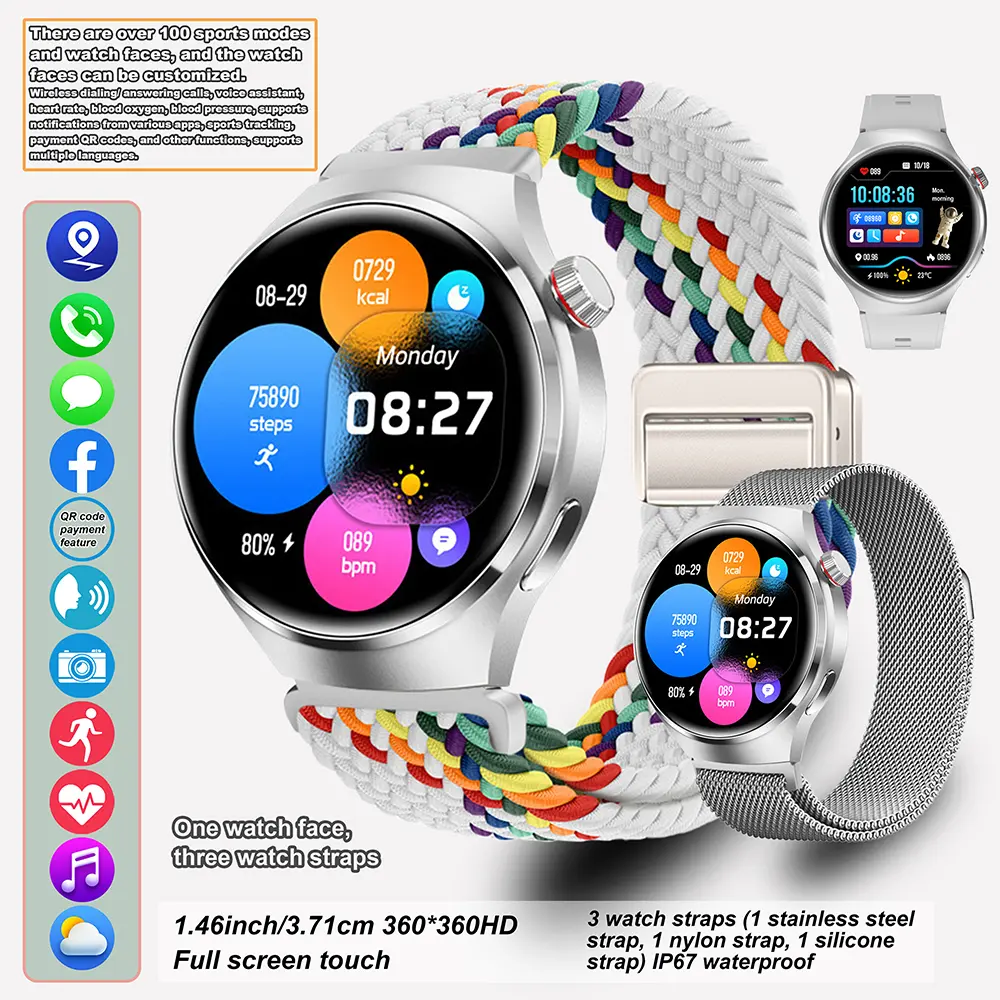 Zinc Alloy Frame Sports Smartwatch - Wearable Health Tracker, 1.46in Touchscreen, 100+ Sports Modes, Multiple Straps, Custom Watch Faces, Built-In Camera, Bluetooth, IP67 Waterproof, iOS/Android Smartphone-Connectable