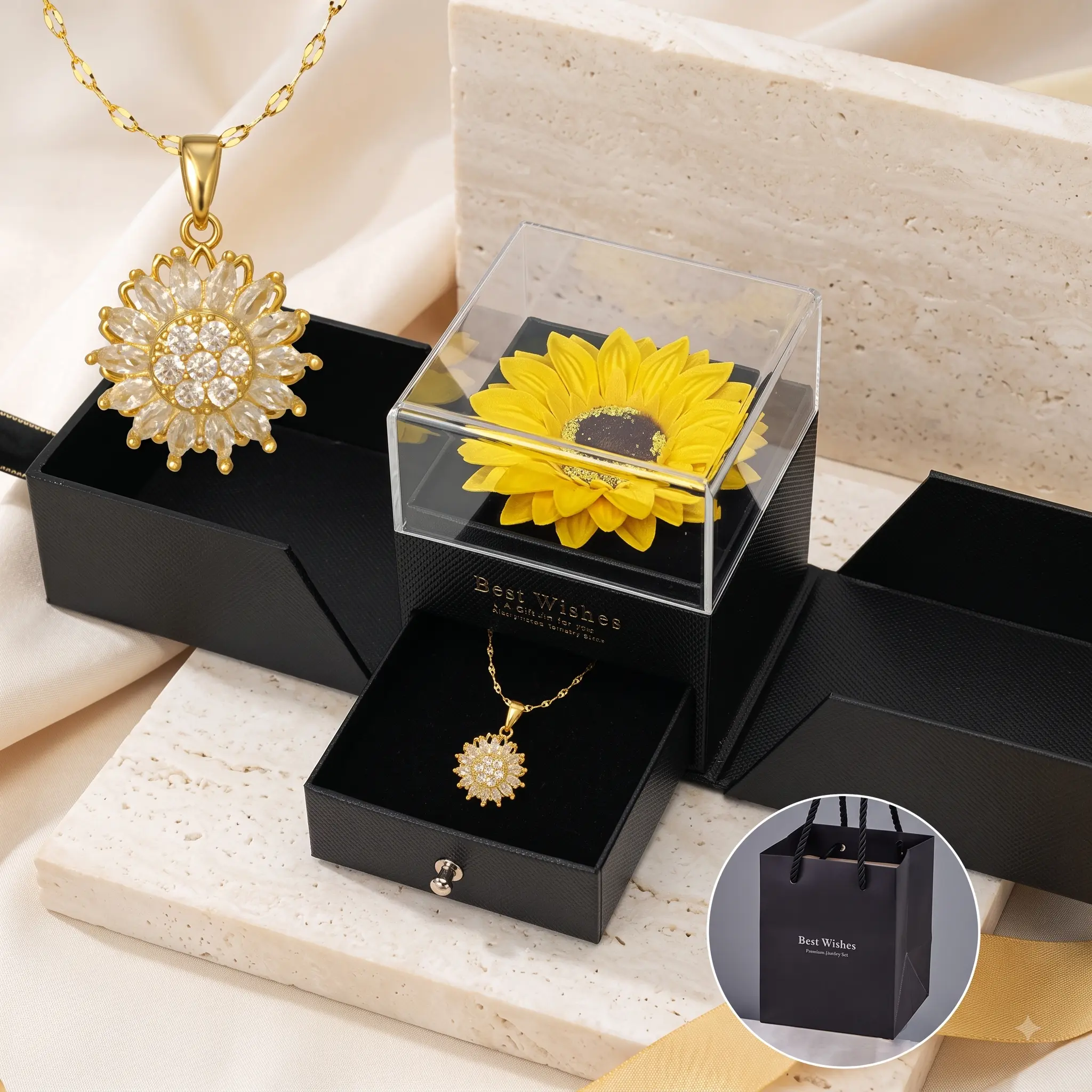 1 Set Simulated Sunflower Rotating necklace Gift Set ,Perfect for Valentine`s Day,Mother`s Day,Anniversaries,Spring and Summer Gifts for Mothers,Girlfriends,Wives,Graduation Gifts,Artificial Flower for Special Occasion