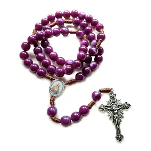 Vintage Catholic Rosary Prayer Bead Necklace with Christ Jesus Cross Pendant for Religious Home Decor