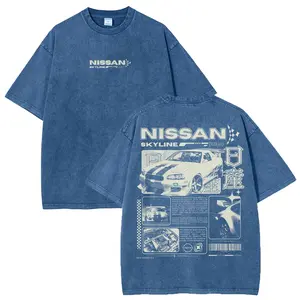 Vintage JDM Sports Car Graphic Washed Denim T-Shirt Skyline Men's Graphic Tees Streetwear Outfits Men Vacation Outfits Oversized Tshirt Men