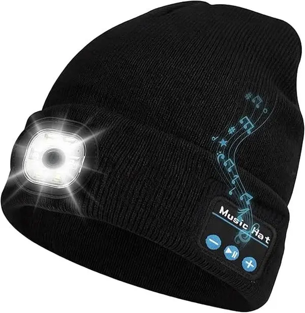 Unisex Universal Knitted Rechargeable Warm Bluetooth Beanie - USB-Charged 4 LED Flashlight Hat with Cordless Headphones, Youth Spider Web Sport Lightweight Sweat Skull Cap for Outdoor Cycling, Christmas Birthday Gifts, Bluetooth Speakers, Detachable Speak
