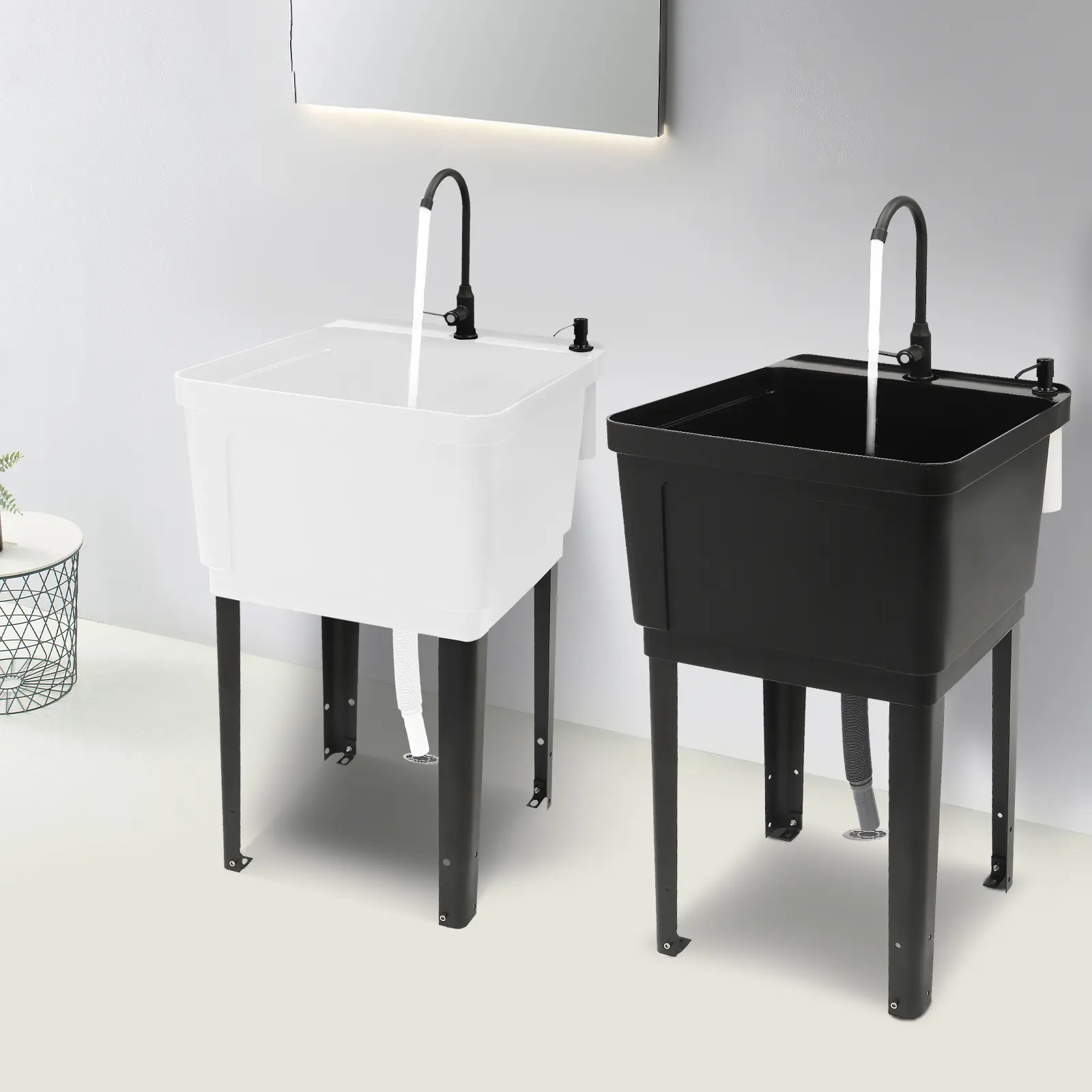 Modern Freestanding Rectangular Bathroom Laundry Sink - 360° Rotatable Faucet, Large Deep Basin, Soap Dispenser, Efficient Water Drain - Ideal for Laundry Rooms, Bathrooms