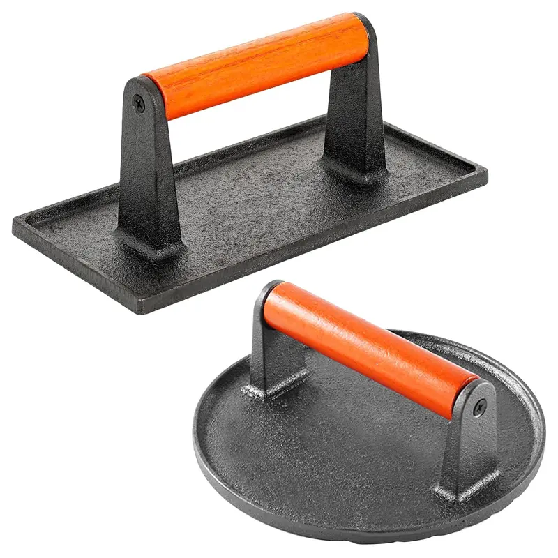 Cast Iron Smash Hamburger Maker Set of 2 - Wooden Round & Rect Press, Camp Kitchen Cooking Gear for Crispy Bacon Juicy Patties, 17.6x17.6x6.4cm Camping & Hiking Equipment