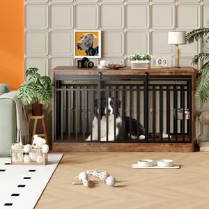 55" Dog Crate Furniture for Medium Large Dogs, Heavy Duty Wooden Kennel Furniture with Sliding Door & 2 Bowls, Dog Cage TV Stand End Table for Indoor, Rustic Brown