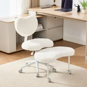 Cream Cross Legged Office Chair with Wheels–360°Swivel Meditation Chair, Adjustable Height Yoga Office Chair for Adults, Ergonomic Kneeling Chair with Back Support for ADHD, Faux Fur,