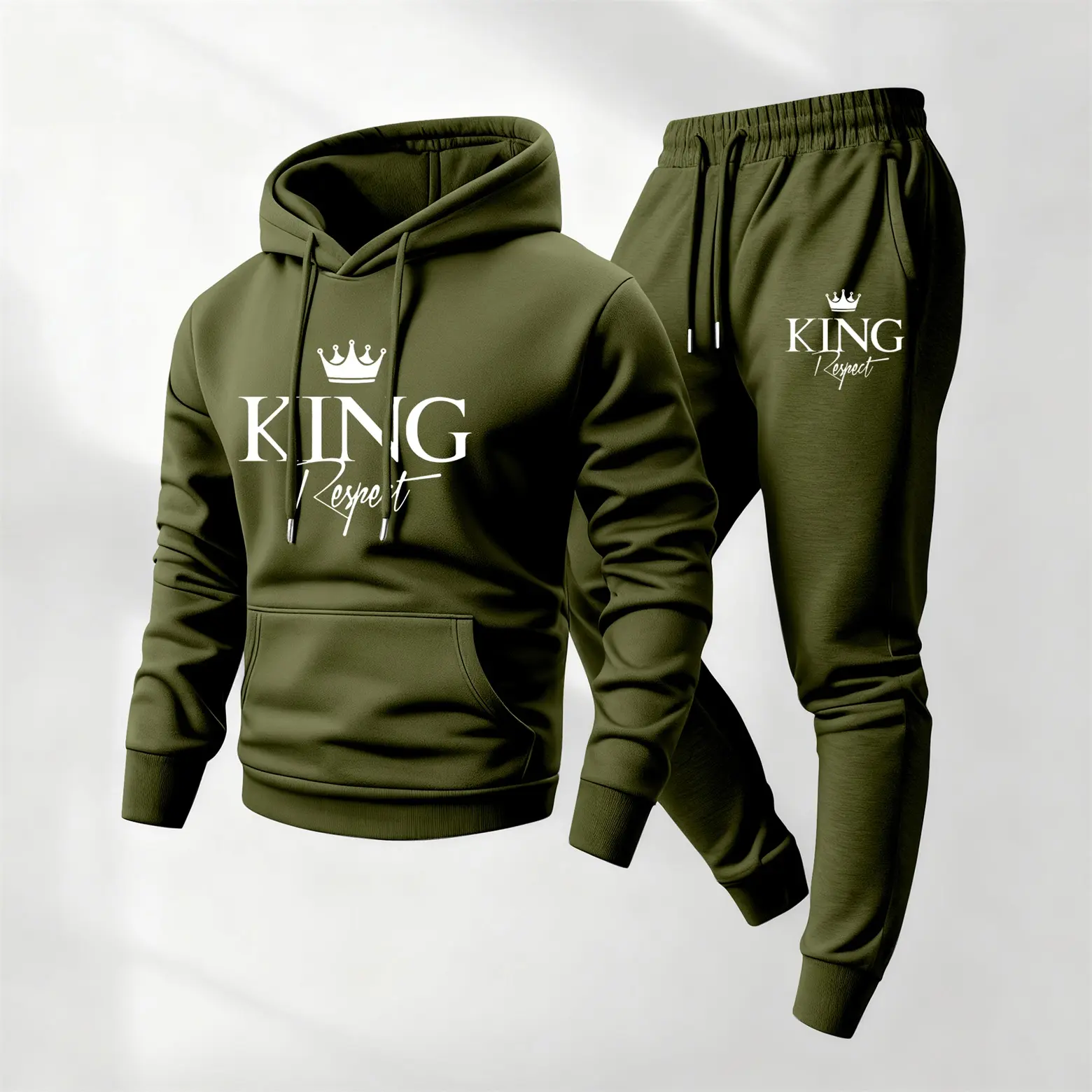 Men's King Graphic Print 2-Piece Athleisure Tracksuit Set, Casual Loose-Fit Hooded Sweatshirt and Drawstring Sweatpants, Sports Tracksuit Set