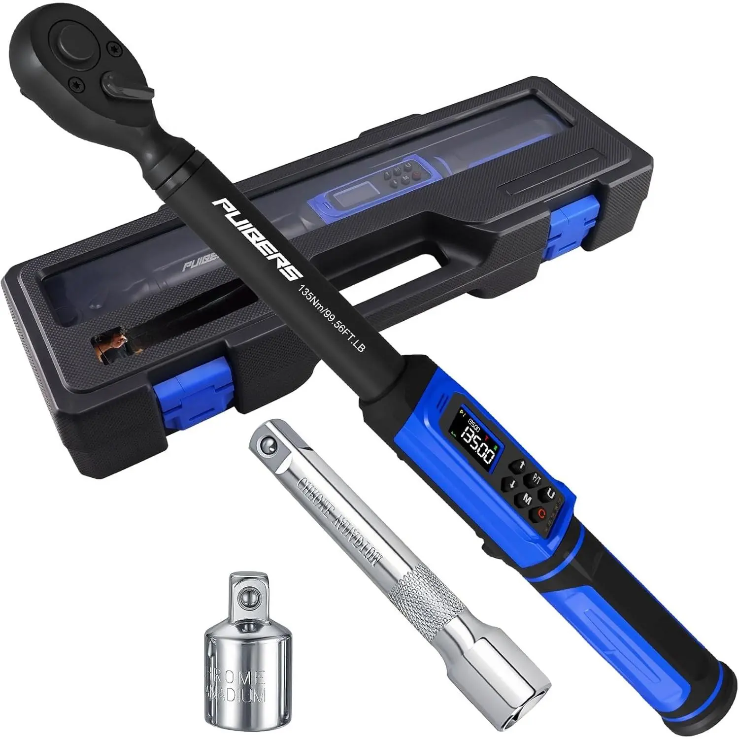 1/2" Digital Torque Wrench 1.5-99.56 Ft-lb (2-135 Nm) with 3/8" Adapter,  Inch Pound Torque Wrench 3/8", 5 Units +-1% Accuracy with Buzzer & LED  for