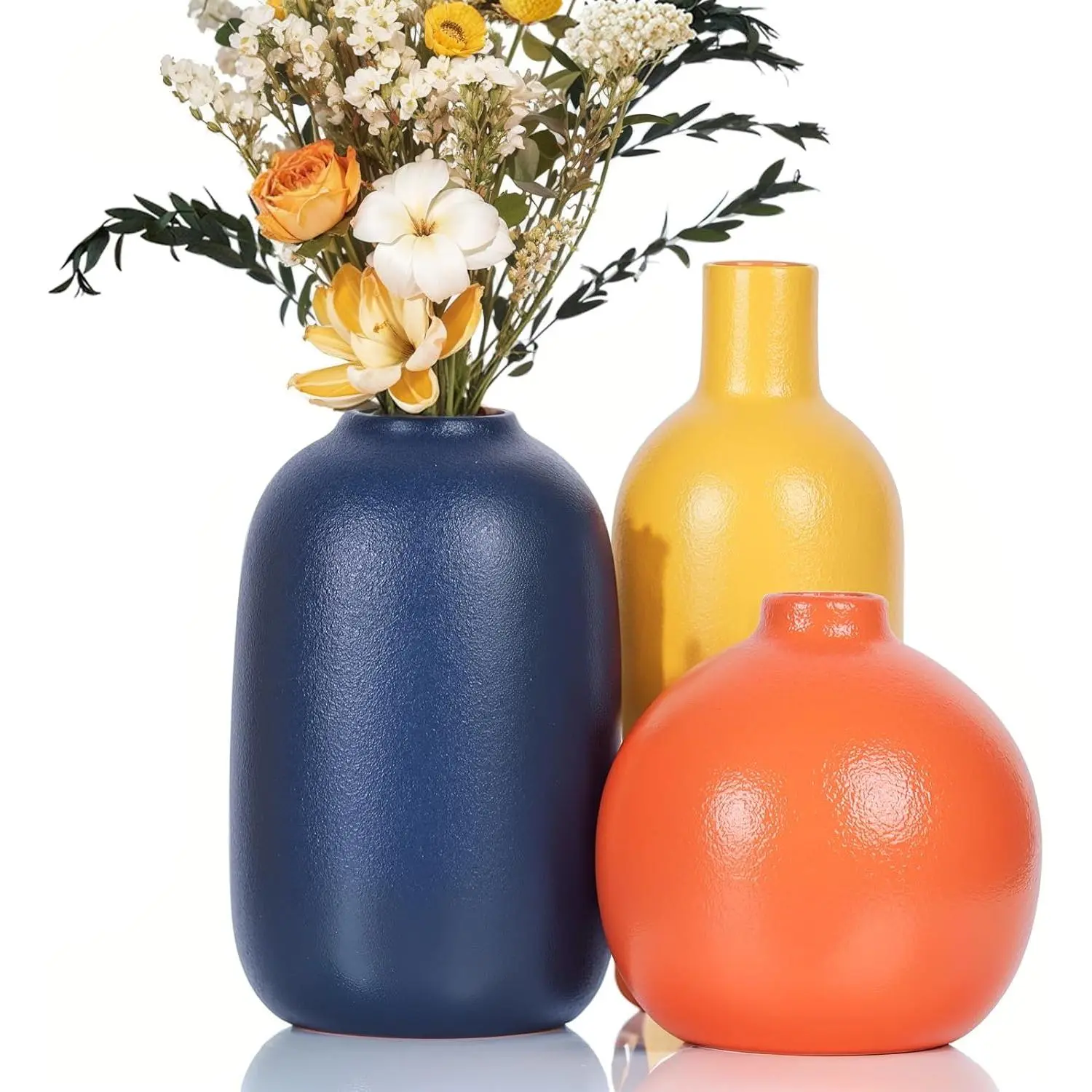 Colorful Ceramic Vase Set, Small Burnt Orange Blue Yellow Vases Home Decor,Fall Decor Modern Farmhouse Vases for Home Decor,  Decor Accents for Living Room, Table, Shelf, Entryway, Set of 3