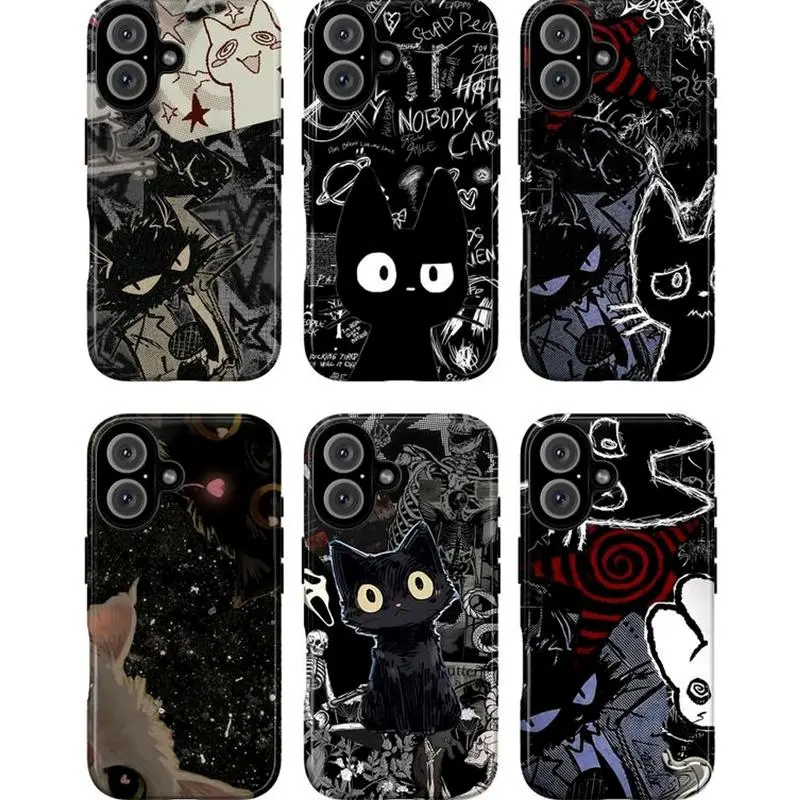 Black Cat Scribble & Skull Smartphone Case - Rubber & Plastic Protective Cover for iPhone 11-17 Series, Samsung Galaxy S21-26 Series, Trendy Cellphone Protection for All Styles