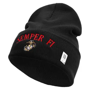 US Marine Semper Fidelis Logo Embroidered 12 Inch Solid Knit Cuff Long Beanie Made in USA