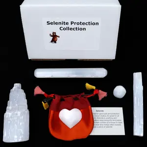 Selenite Protection Collection (7 pc Set): Palm Stone Heart, Tower, 5" Stick, 5.5" Massage Wand, and a Sphere, Hand-Made upcycled Silk Bag, and ID Card in Gift Box