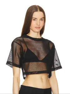 Women's Solid Color Fishnet Crop Top, Fashion Casual Crew Neck Top for Daily Holiday Vacation Outdoor Wear, Women Clothing for Summer, Shirts