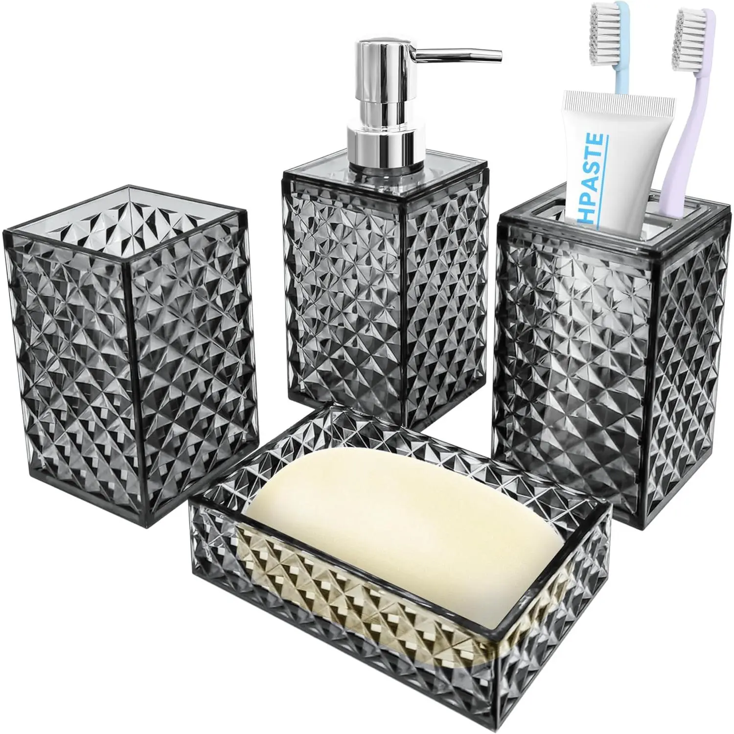 Bathroom Accessory Set, 4 count Grey Bathroom Accessories Set, Soap Dispenser and  Holder Set, Soap Dish and Mouthwash Cup, Boho Bathroom Decor, Bathroom Sets Accessories