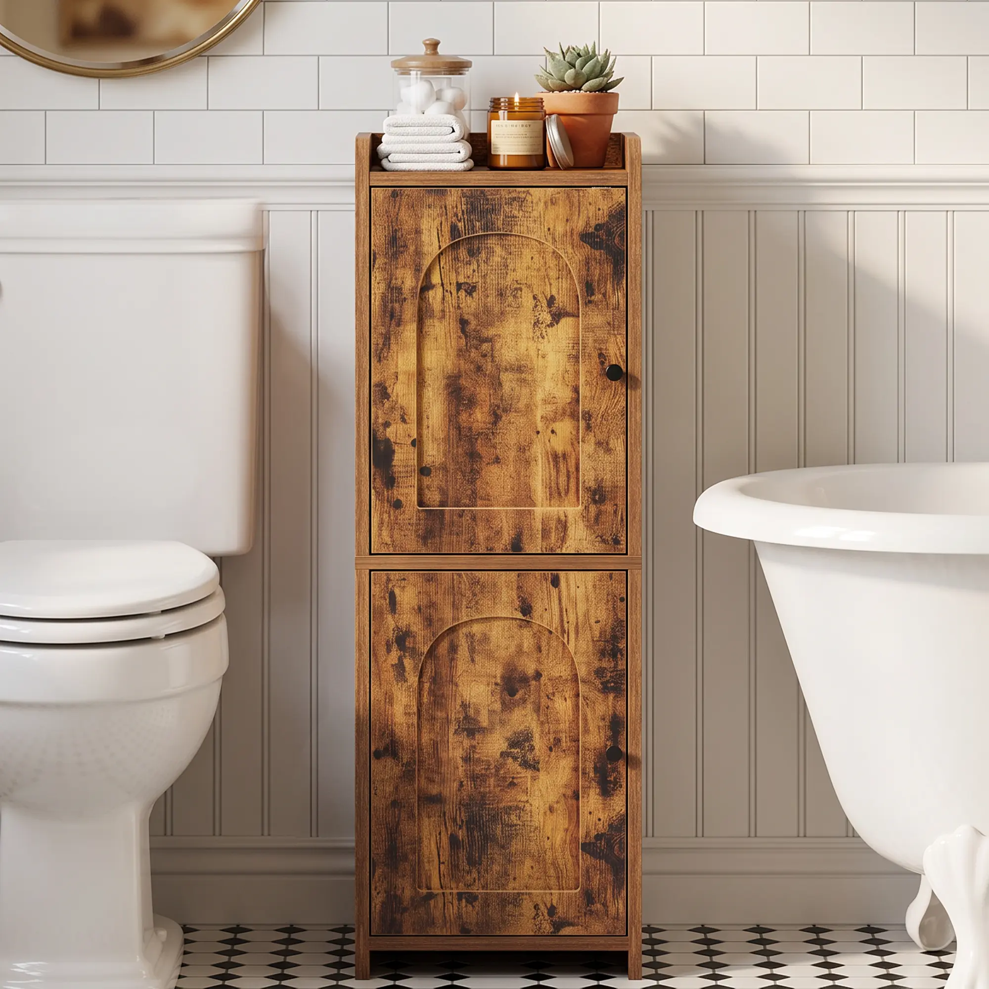 Hzuaneri Bathroom Storage Cabinet, Small Corner Floor Cabinet with 2 Doors and Adjustable Shelf, Narrow Toilet Paper Cabinets, Bathroom Organizer for Small Spaces, 9.8"W x 7.9"D x 29.5"H Rustic Brown