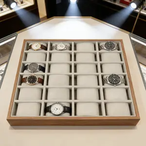 24 Grid Watch Jewelry Tray Organizer Wooden Box Organizer Display Tray Watch Bracelet Display Holder with Removable Pillow for Men & Women Storage and Display