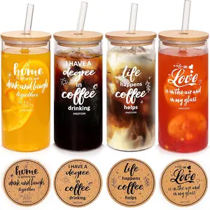 ANOTION Gift for Women 24oz Coffee Cups with Lids and Straws 4 Packs, Tall Drinking Glasses Tumbler for Juice Smoothie  Coffee Bar Accessories Drinkware