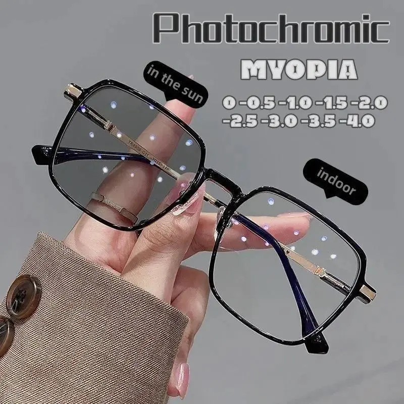 New Style Photochromic Myopia Glasses for Men & Women - Color-Changing Anti-UV High Quality Eyewear with Luxury Short-Sighted Frames and 0~-6.0 Prescription Range