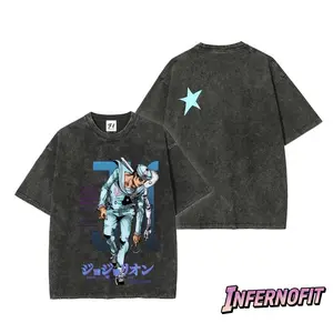 Josuke Higashikata Tee JoJo's Bizarre Adventure Part 8 Short Sleeve Cotton Unisex Retro Wash Tee Oversized Dark Anime Streetwear T-Shirt, Soft Cotton Unisex Apparel, Gift for JOJO Fans