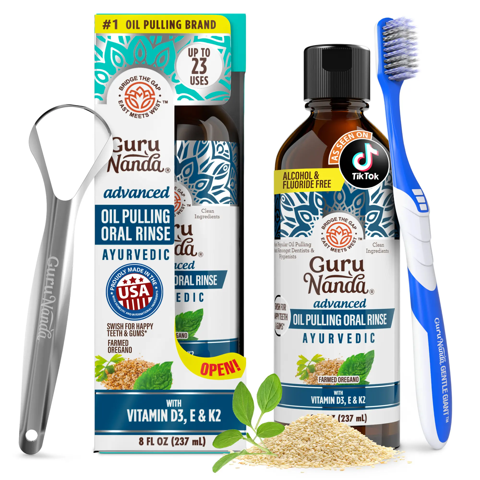 GuruNanda Advanced Oil Pulling Mouthwash with Sesame & Oregano Oil, Promotes Deep Cleaning and Enhances Oral Care , Alcohol-Free, 8 fl oz