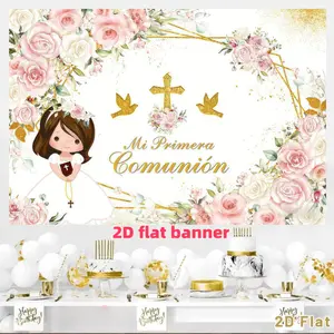 Spanish Mi Primera Comuni ó n background banner, Bohemian baptism, God's blessing for the first communion party decoration, girl, pink flower, polyester material, suitable for photo booths, photo backdrops, parties, birthdays, celebrations