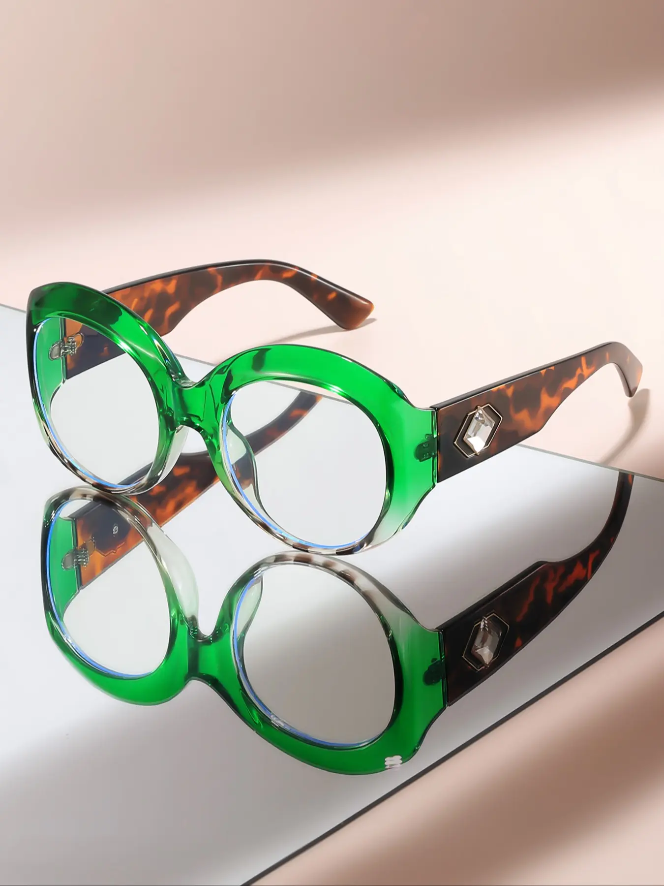 Large Frame Round Fashion Flat Mirror Legs with Rhinestone Decoration, Shiny Luxury Trend Non-Prescription Glasses, Stylish Eyeglass, Casual Style, Fashion Frames, Trendy Frames, Eyeglass Frames