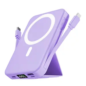 10000mAh MagSafe Magnetic Portable Powerbank with Stand, 22.5W PD Fast Chargeable, Built-in USB-C & Lightning Cables, LED Display, Emergency Power for iPhone 17/16/15/14/13/12 & Android Smartphone, Travel Power Bank