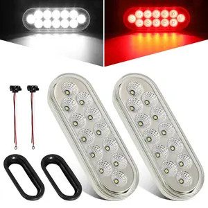 Partsam 2Pcs 6.7 Inch Oval Red Stop Turn Tail Lights and White Backup Lights Kit 12 Diodes w/ Rubber Grommets & 3-Prong Wire Pigtails, Red/White Oval Led Truck Trailer Tail Lights and Reverse Lights