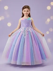 Elegant Dress for Girls Ages 3-12, Solid Fitted Princess Gown with Sequin Decoration, Sparkly Dress, Perfect for Birthdays and Performances, Solid Color Dress