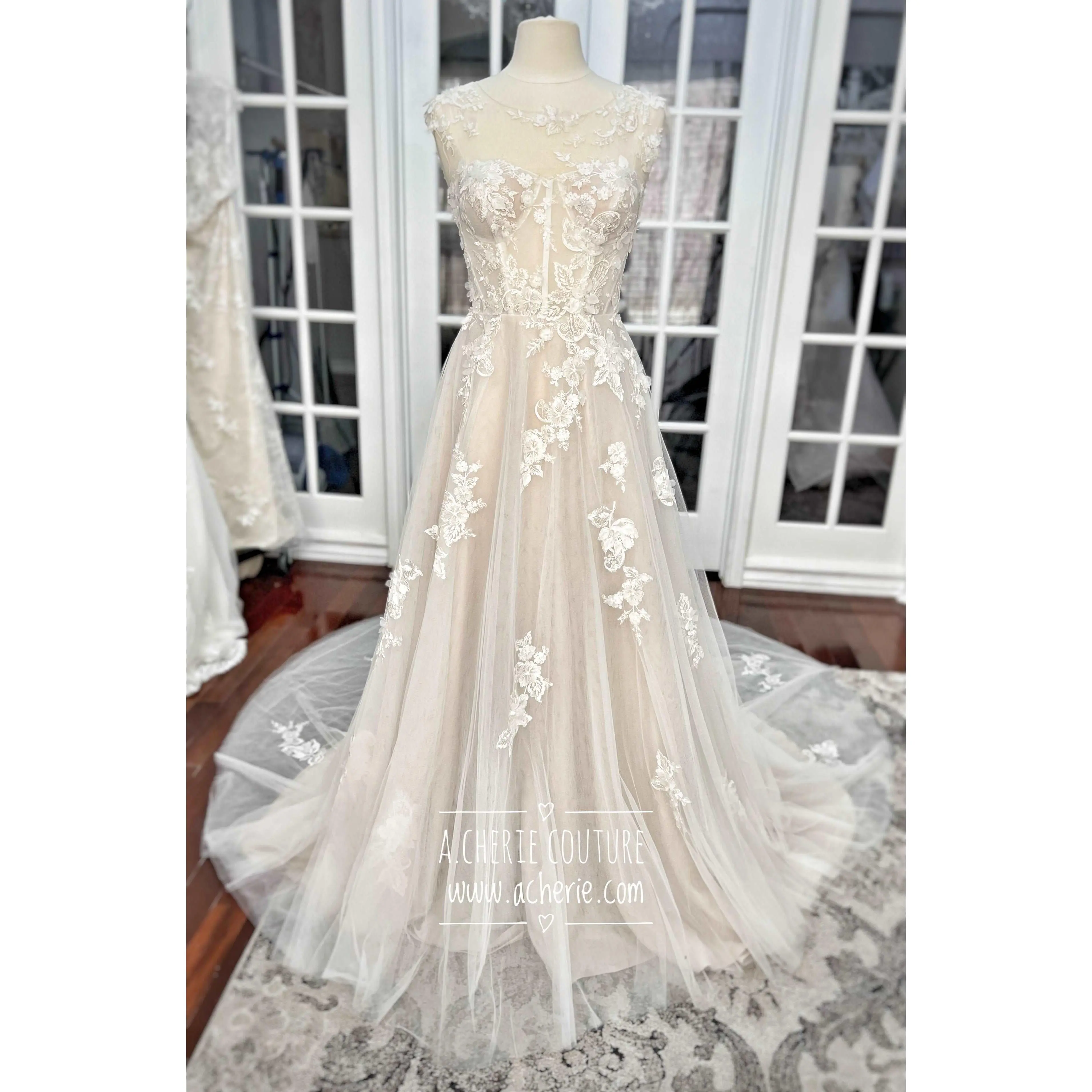 Sleeveless A-Line Wedding Gown in Light Ivory with 3D Floral Lace and Pearl Beads - Illusion Neckline, Tulle Cathedral Train, Zipper, Custom Sizes, Women