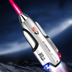 Yaesina Spacecraft-shaped Butane Torch Lighter with Adjustable Flame, Refillable Spaceship Lighter Jet Flame Torch Lighter with 2 Flashlights, Windproof Bright Fire Starter Lighter for BBQ, & Outdoor Emergency Fire (Butane Not Included)