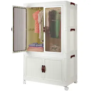 Stackable Closet Storage Bins, Collapsible Clothes Organizers, Portable Wardrobe Closet with Lids and Doors, Movable Clothes Storage with Coat Hangers, White