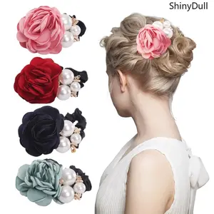 4-Pack Korean Fashion Pearl Hair Ties - Rose Flower Rhinestone Scrunchies