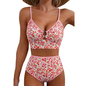 Aleumdr Women's O Ring Bikini Sets 2 Pieces Floral Print Swimsuits High Waisted Bathing Suits Vacationoutfits Summerstyle SwimWeek