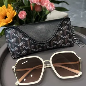 Viral Designer-Inspired Sunglasses Case – Portable PU Leather Glasses Pouch with Chain, Snap Closure & Luxury Pattern Eyewear Holder
