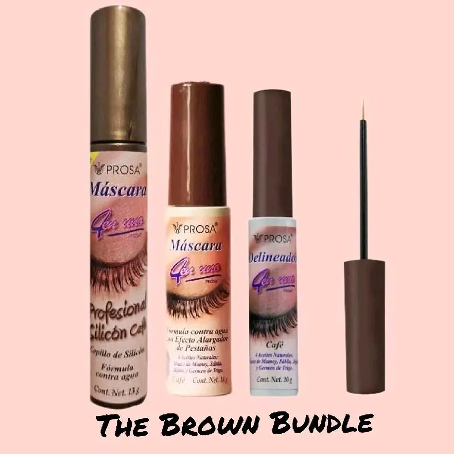TRIO Bundle Collection BROWN (CAFE) Prosa - 4 en 1 Classic Mascara Brown, Mascara ProfessionalSilicone Brown,  and Eyeliner Brown,the bundle Mascara and eyeliner Makeup Set Compact Cosmetic