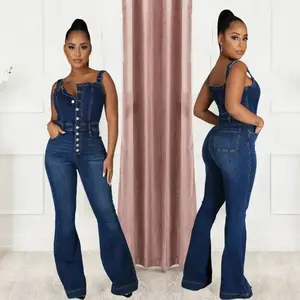 Casual Sexy Bib Denim Jumpsuit Wide Leg Pants