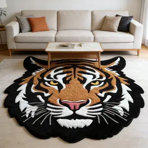 Majestic Tiger Head Carpet, Luxurious 3D Fabric Floor Mat, Realistic Tiger Print Rug for Bedroom and Living Room, Non-Slip Decorative Area Mat