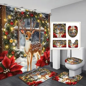 Christmas Bathroom Set with Deer Print, Shower Curtain, Toilet Seat Cover, Bath Mat, U-Shaped Pad, Home Decor Essentials, Shower Curtain Sets