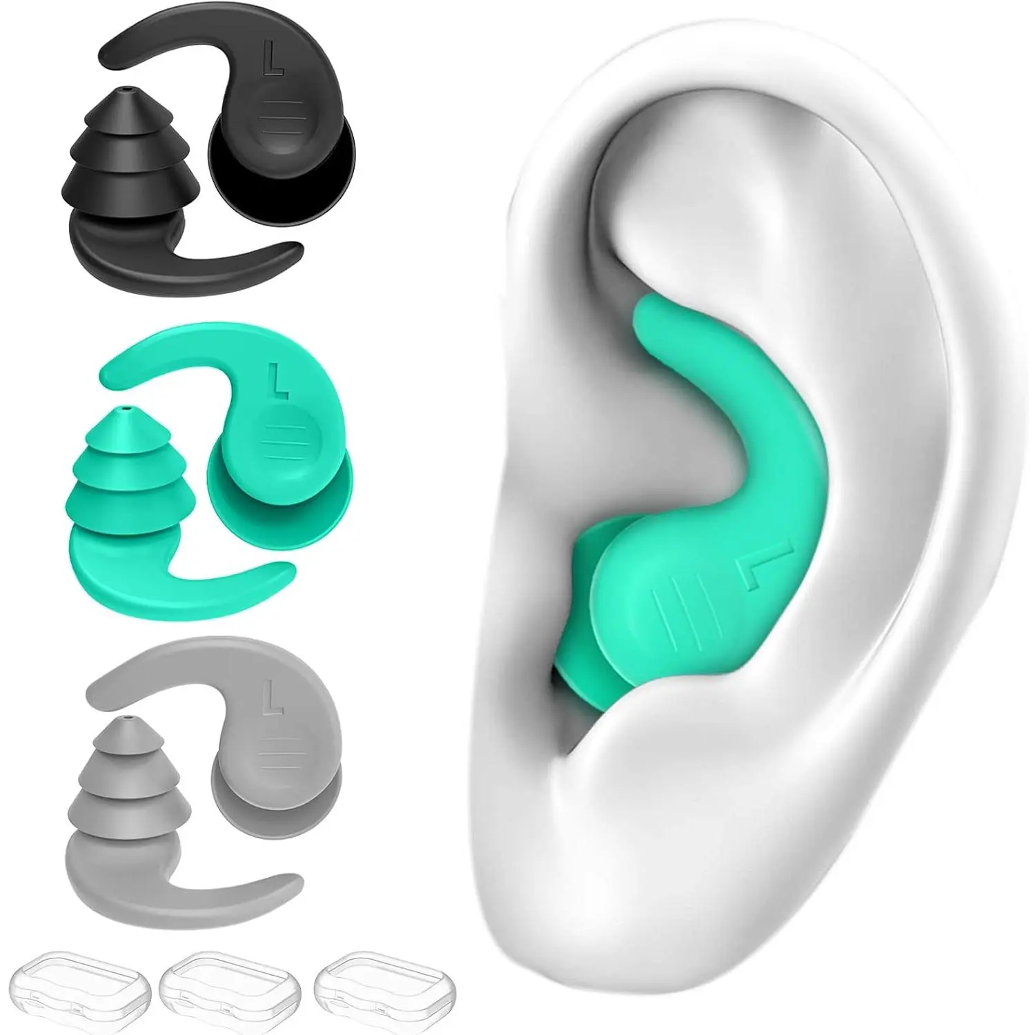 Adult Reusable Waterproof Silicone Loop Earplugs, 3-Pair Set, Swimming Accessories for Pool & Surfing Water Sports Ear Protection, Adults